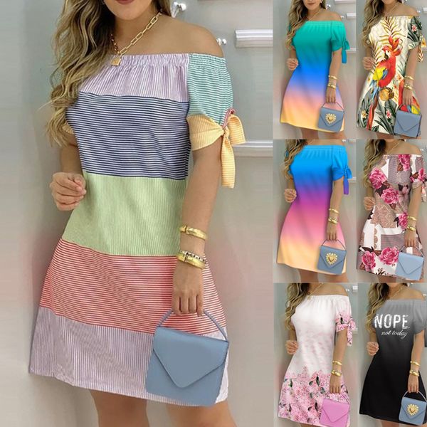 women off shoulder mini dress summer casual short sleeve bow tie striped print dresses loose a line party dress, Black;gray
women off shoulder mini dress summer casual short sleeve bow tie striped print dresses loose a line party dress, Black;gray