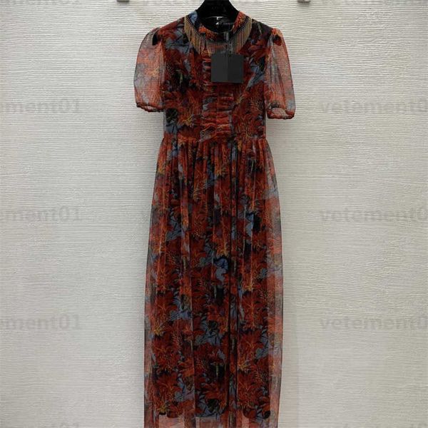 long dress summer women designers clothing tassel chain decorated maple red retro print waist-skimming bubble sleeve mesh dress designer wom, Black;gray
long dress summer women designers clothing tassel chain decorated maple red retro print waist-skimming bubble sleeve mesh dress designer wom, Black;gray