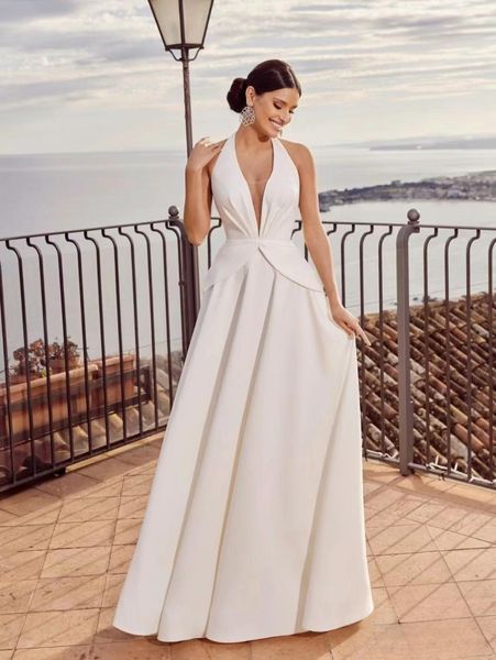 new trouser wedding dress deep v neckline halter butterfly shape detachable train party wedding dress, White
new trouser wedding dress deep v neckline halter butterfly shape detachable train party wedding dress, White