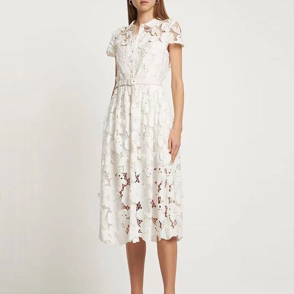 2023 women designer dress clothing robes with hollowed out leaf cut lapel mid length dress with belt, White;black
2023 women designer dress clothing robes with hollowed out leaf cut lapel mid length dress with belt, White;black