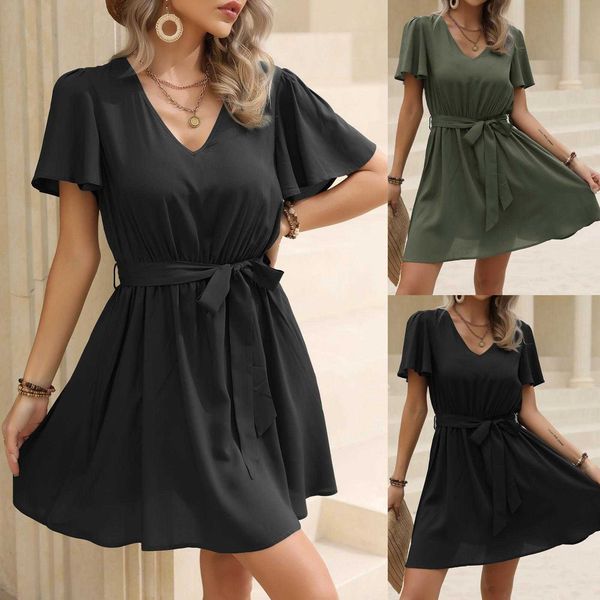 nuoxi summer casual dresses solid color and v neck waist controlled lace up dress female, Black;gray
nuoxi summer casual dresses solid color and v neck waist controlled lace up dress female, Black;gray