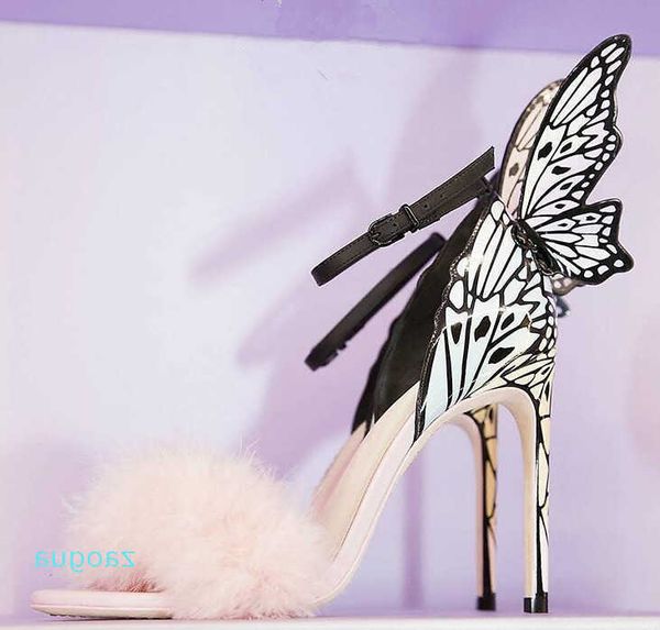 sophia webster summer sandals winged butterfly party thin high heeled pink fur female wedding multi color dress prom, Black 
sophia webster summer sandals winged butterfly party thin high heeled pink fur female wedding multi color dress prom, Black