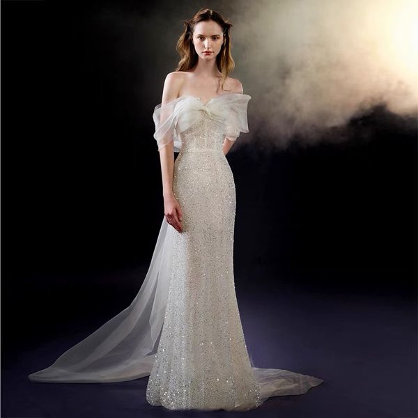 shiny wedding bride dress mermaid off the shoulder strapless with ribbon backless sleeveless sequined elegant bridal gowns 2023, White
shiny wedding bride dress mermaid off the shoulder strapless with ribbon backless sleeveless sequined elegant bridal gowns 2023, White