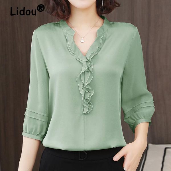 t-shirt ruffles solid color chiffon shirt spring summer elegant blouse long sleeve vneck shirt for female korean style casual clothing, White
t-shirt ruffles solid color chiffon shirt spring summer elegant blouse long sleeve vneck shirt for female korean style casual clothing, White