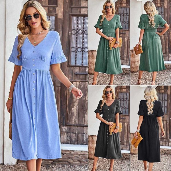 solid color and v neck dress female summer temperament commute short sleeve ruffled long, Black;gray
solid color and v neck dress female summer temperament commute short sleeve ruffled long, Black;gray