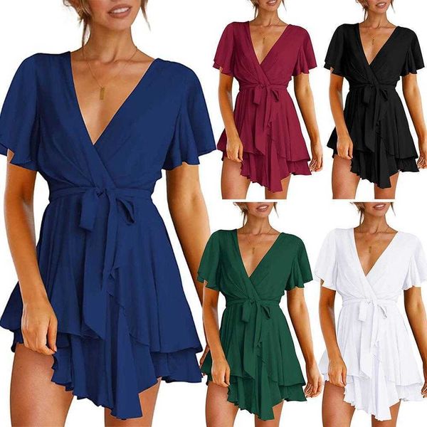 womens summer selling dresses v neck cross straps mini skirt ruffled hem dress, Black;gray
womens summer selling dresses v neck cross straps mini skirt ruffled hem dress, Black;gray