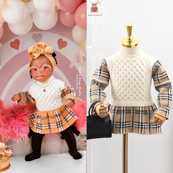 

Toddler Girl Winter Knitted Dress Christmas Dress for Baby Girl Warm Clothes Lattice splice Kids Thick Dress, As picture