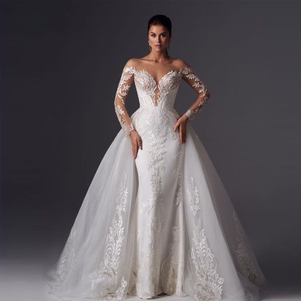 long sleeve lace mermaid wedding dress see through fitted removable long train wedding bridal gown, White
long sleeve lace mermaid wedding dress see through fitted removable long train wedding bridal gown, White