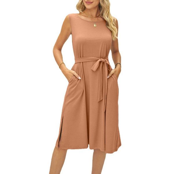 women sleeveless round neck belt pocket a line split midium dress for summer, Black;gray
women sleeveless round neck belt pocket a line split midium dress for summer, Black;gray