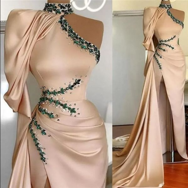 2023 champagne prom dresses high neck illusion crystal beads side split satin mermaid long sleeve floor length party dress evening gowns, Black
2023 champagne prom dresses high neck illusion crystal beads side split satin mermaid long sleeve floor length party dress evening gowns, Black