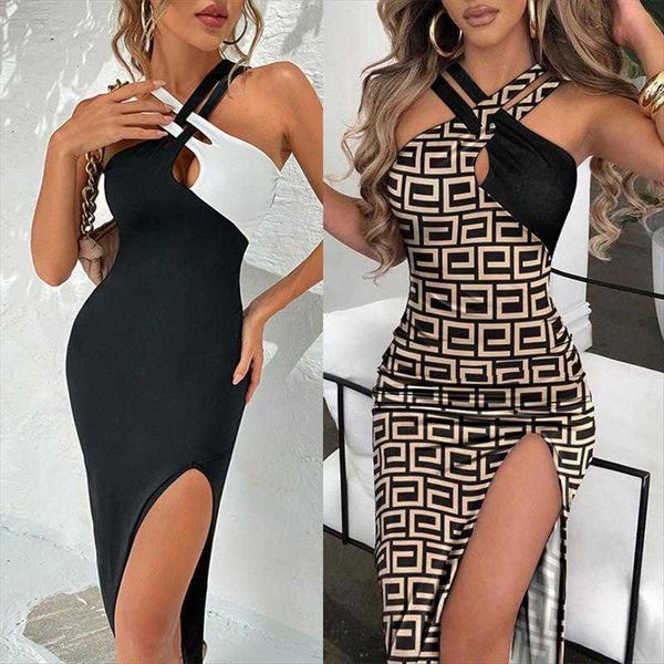 tong summer casual dresses womens clothing contrasting color with slits halter dress, Black;gray
tong summer casual dresses womens clothing contrasting color with slits halter dress, Black;gray