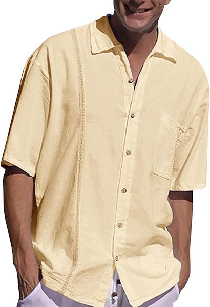 men's beach linen shirts short sleeve cuban button down casual summer t shirt hawaiian tee loose fit, White;black
men's beach linen shirts short sleeve cuban button down casual summer t shirt hawaiian tee loose fit, White;black