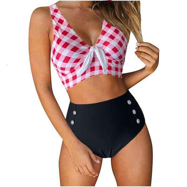 swimwear fresh plaid printed bikini split swimsuit for women, White;black 
swimwear fresh plaid printed bikini split swimsuit for women, White;black