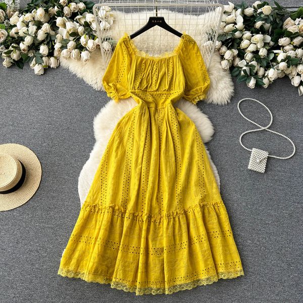 korean chic summer french square neck bubble sleeves hollow out embroidery dress with waist closure for a slim and elegant holiday dress, Black;gray
korean chic summer french square neck bubble sleeves hollow out embroidery dress with waist closure for a slim and elegant holiday dress, Black;gray