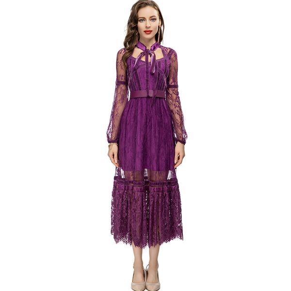 women's dress lace up collar long sleeves embroidery lace keyhole fashion ruffles designer vestidos, Black
women's dress lace up collar long sleeves embroidery lace keyhole fashion ruffles designer vestidos, Black