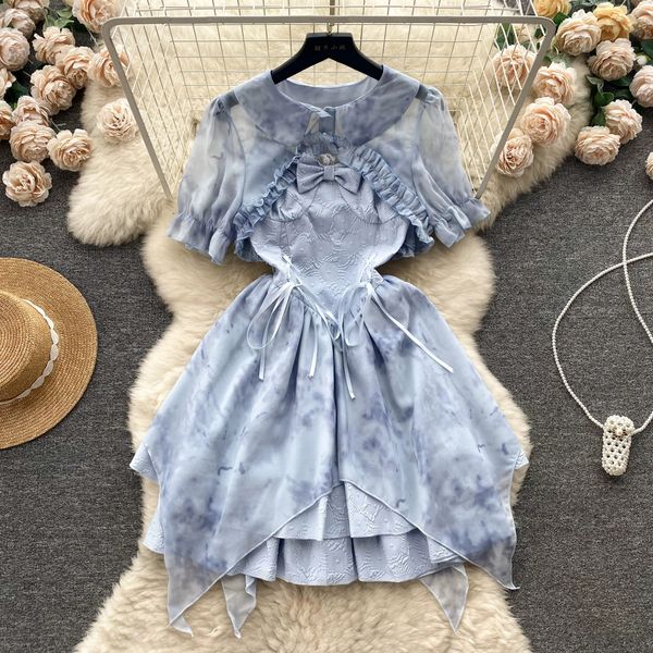 french retro court style halo dyed printed bubble sleeved dress with summer waistband style super immortal sen style princess dress, Black;gray
french retro court style halo dyed printed bubble sleeved dress with summer waistband style super immortal sen style princess dress, Black;gray