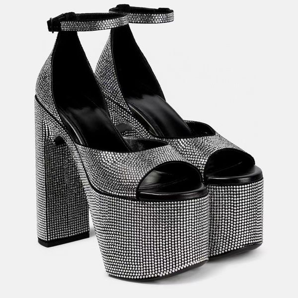 

rhinestone sandals womens dress shoes camden 13cm crystal embellished high heels women summer luxury designers platform chunky heel ankle st, Black