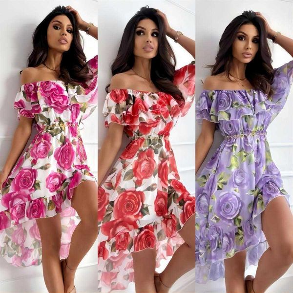 womens summer off neck printed casual dresses irregular ruffled slim dress, Black;gray
womens summer off neck printed casual dresses irregular ruffled slim dress, Black;gray
