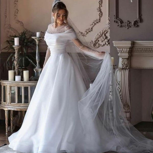 fabulous beaded organza bridal dresses a line sheer neck long sleeve wedding gowns ruched off shoulder robe de soiree for bride, White
fabulous beaded organza bridal dresses a line sheer neck long sleeve wedding gowns ruched off shoulder robe de soiree for bride, White