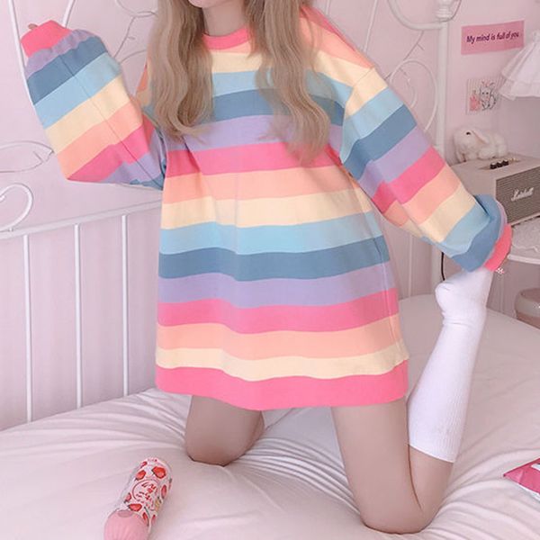 street style loose thin rainbow stripe sweatshirt and pullover women clothing fall cute sweatshirt schoolgirl plus, Black
street style loose thin rainbow stripe sweatshirt and pullover women clothing fall cute sweatshirt schoolgirl plus, Black