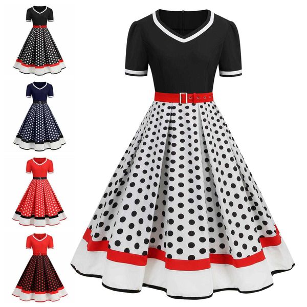 x womens hepburn casual dresses style retro wide hem skirt v neck patchwork short sleeve polka dot printed dress, Black;gray
x womens hepburn casual dresses style retro wide hem skirt v neck patchwork short sleeve polka dot printed dress, Black;gray
