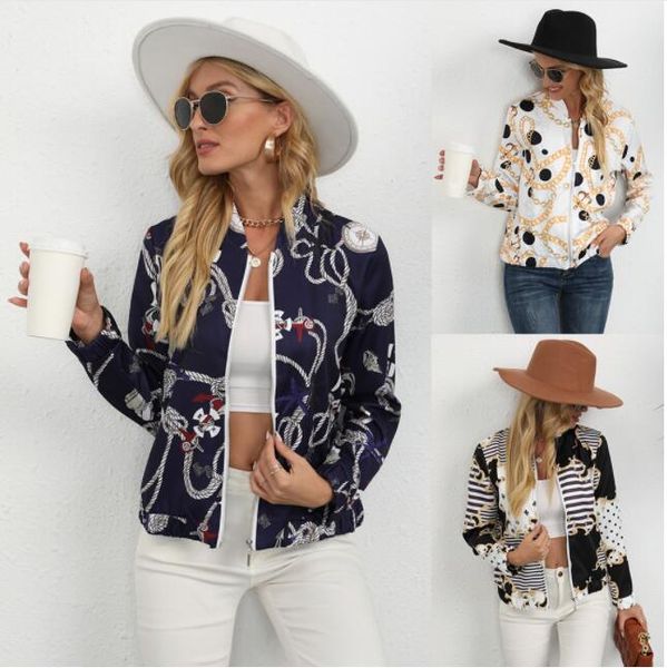 flower chain print stand collar cardigan women's bomber jacket fashion zipper up vintage coat elegant slim basic ladies jackets, Black;brown 
flower chain print stand collar cardigan women's bomber jacket fashion zipper up vintage coat elegant slim basic ladies jackets, Black;brown
