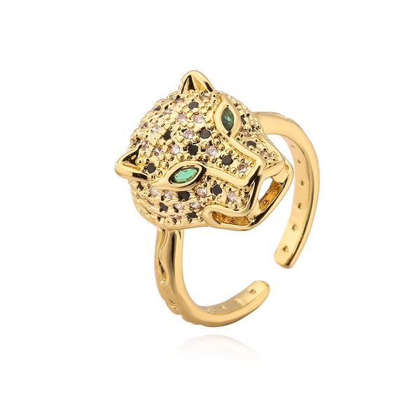 

Fashion 18K Gold Plated Brass Leopard Head Micro Pave Open Ring Adjustable Rings for Men Women