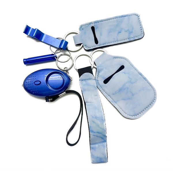 blue self-defending key chain six-piece wrist strap liquid bottle sleeve alarm whistle opener security key chain, Silver
blue self-defending key chain six-piece wrist strap liquid bottle sleeve alarm whistle opener security key chain, Silver