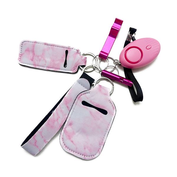 pink self-defending key chain six-piece wrist strap liquid bottle sleeve alarm whistle opener security key chain, Silver
pink self-defending key chain six-piece wrist strap liquid bottle sleeve alarm whistle opener security key chain, Silver