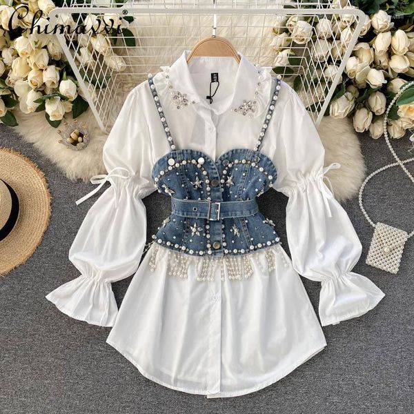 women's blouses solid color diamond beaded long puff sleeve lace up shirt women tassel pearl short denim sling vest two-piece set, White
women's blouses solid color diamond beaded long puff sleeve lace up shirt women tassel pearl short denim sling vest two-piece set, White