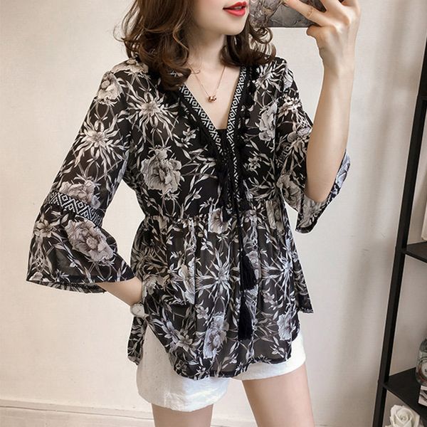 summer girl chiffon shirt large size loose v-collar women tassel three quarter flare sleeve print lady casual blouses, White
summer girl chiffon shirt large size loose v-collar women tassel three quarter flare sleeve print lady casual blouses, White