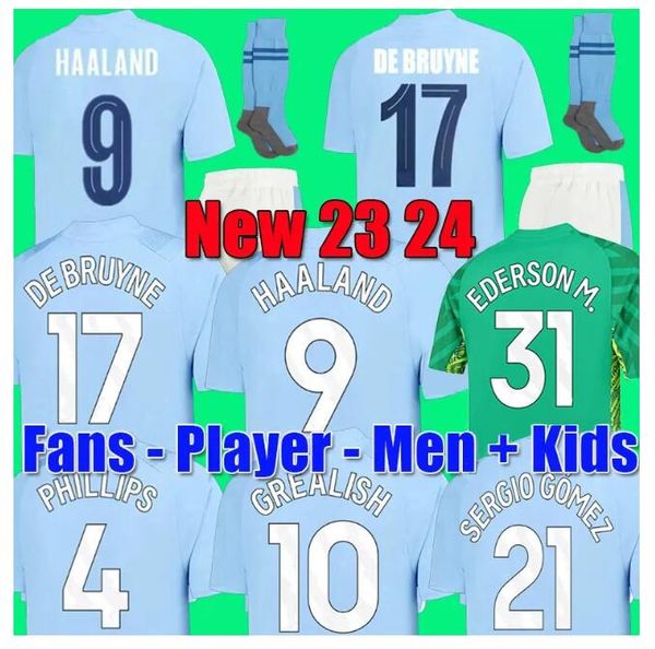 

22 23 24 haaland soccer jerseys grealish sterling mans cities mahrez fans player version de bruyne foden 2023 2024 football shirt kids kit, Black