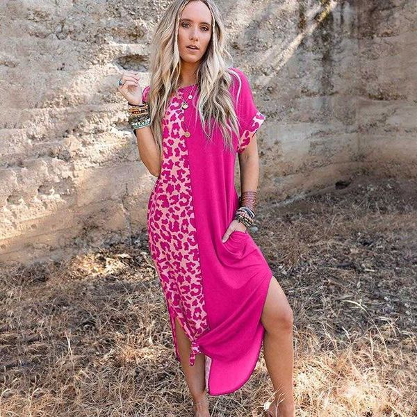 leopard print contrast color stitching printing dress summer womens round neck loose slit hemline at hem long, Black;gray
leopard print contrast color stitching printing dress summer womens round neck loose slit hemline at hem long, Black;gray