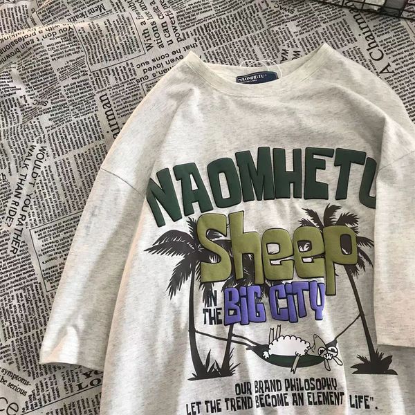 2023 summer american fashion casual short sleeved t-shirts for men and women loose and versatile sheep coconut tree print, White
2023 summer american fashion casual short sleeved t-shirts for men and women loose and versatile sheep coconut tree print, White
