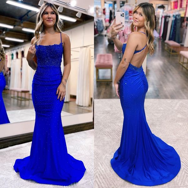 royal blue mermaid prom dresses spaghetti lace appliques party evening gowns pleats satin formal long special occasion dress, Black
royal blue mermaid prom dresses spaghetti lace appliques party evening gowns pleats satin formal long special occasion dress, Black