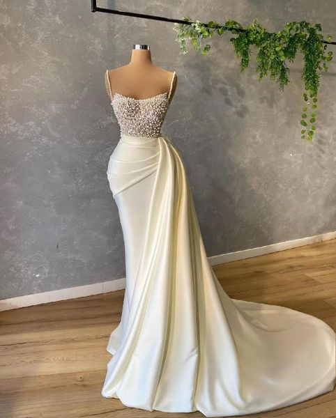 new luxury pearls spaghetti evening dress beading sequins ruched prom gowns satin sweep train mermaid party dresses, Black
new luxury pearls spaghetti evening dress beading sequins ruched prom gowns satin sweep train mermaid party dresses, Black