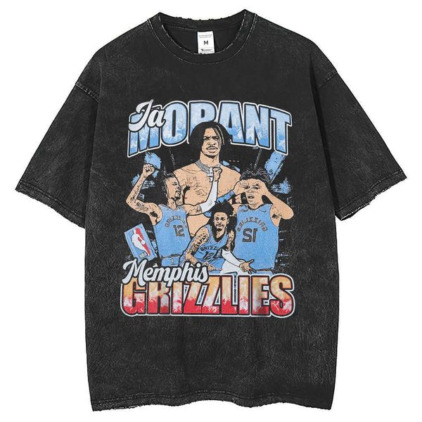 high morant basketball star print worn short sleeve t-shirt washed fashion, White;black
high morant basketball star print worn short sleeve t-shirt washed fashion, White;black