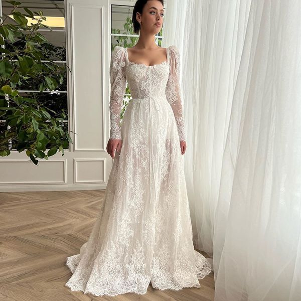 graceful full lace wedding dresses square neck long sleeve bride gowns long sleeve with ribbon robe de mariee, White
graceful full lace wedding dresses square neck long sleeve bride gowns long sleeve with ribbon robe de mariee, White