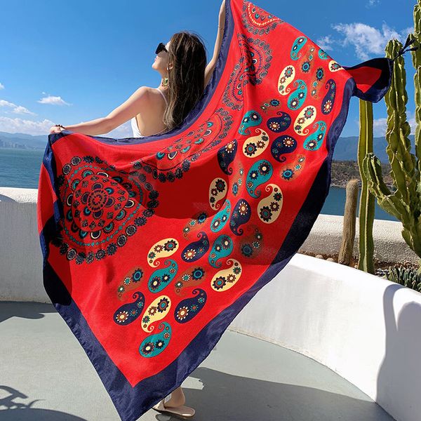 summer new silk scarf women' sun protection designer shawl seaside dual-use beach towel ethnic style travel p travel gift thin scarf, Blue;gray
summer new silk scarf women' sun protection designer shawl seaside dual-use beach towel ethnic style travel p travel gift thin scarf, Blue;gray
