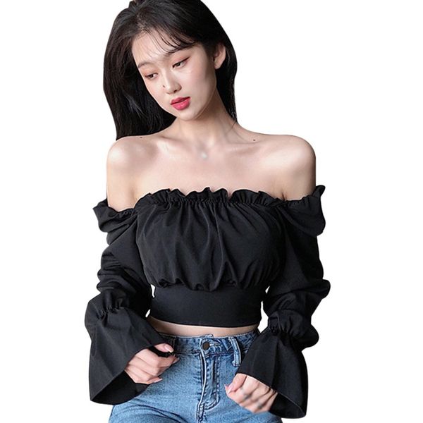 autumn women's solid color shirt slash neck bandage navel exposed long sleeve blouses, White
autumn women's solid color shirt slash neck bandage navel exposed long sleeve blouses, White