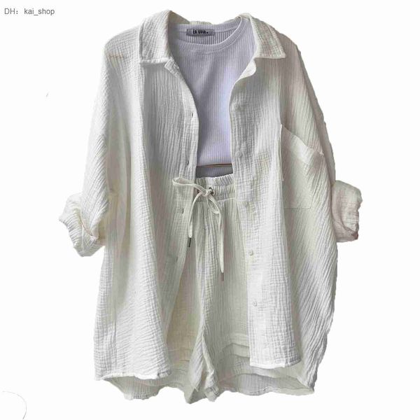 2023 wrinkle collar long sleeve shirt high waist drawstring shorts fashion casual piece set 11, White
2023 wrinkle collar long sleeve shirt high waist drawstring shorts fashion casual piece set 11, White