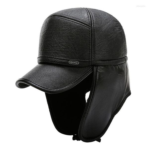 Image of Cycling Caps High Quality PU Leather Hats Winter First Layer Cowhide Warm Earmuffs Bomber Plus Velvet Thicken Man Bone Dad Hat