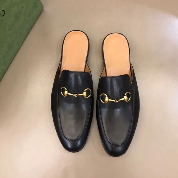 classic women flat shoes real cowhide metal buckle lady leather casual shoe mules princetown men printed trample lazy slides loafers large s, Black