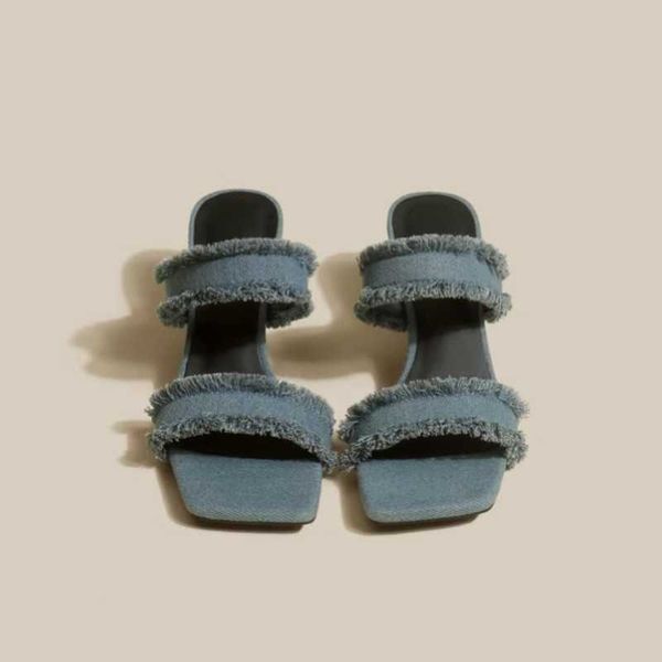 sandals high heeled shoes niche denim blue fabric fringed edge square toe thin heel sandals women's summer, Black
sandals high heeled shoes niche denim blue fabric fringed edge square toe thin heel sandals women's summer, Black