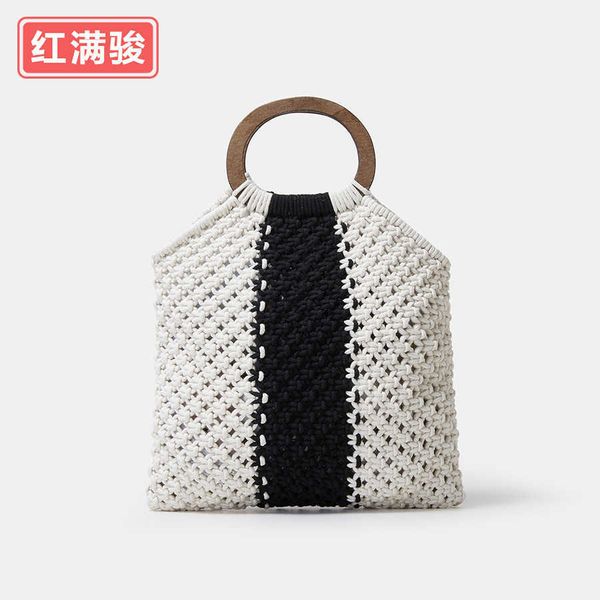 handmade cotton thread woven bag for women with contrasting stripes, hollowed out wooden handle handbag, niche seaside vacation handbag 2306
handmade cotton thread woven bag for women with contrasting stripes, hollowed out wooden handle handbag, niche seaside vacation handbag 2306