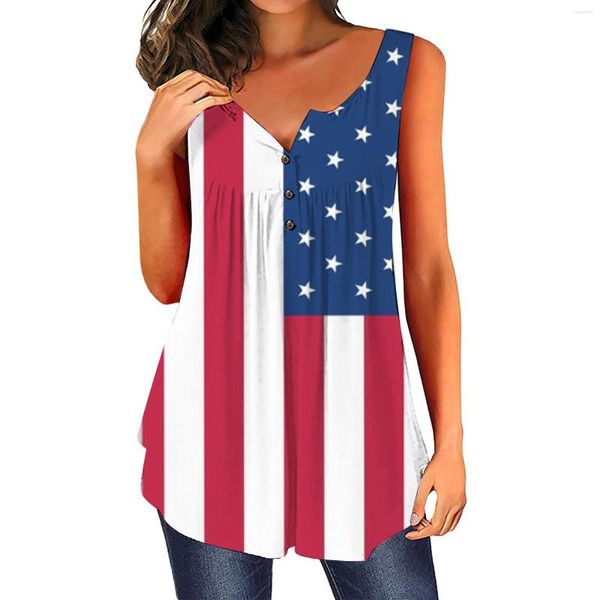 

women's tanks 2023 summer women's v-neck button vest 4th of july patriotic decor american flag fashion independence day plaid tank, White