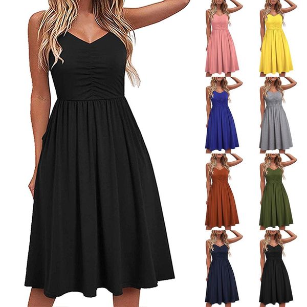 women summer spaghetti strap beach dress solid color sleeveless loose midi dress boho sundress ladies cotton party swing, Black;gray
women summer spaghetti strap beach dress solid color sleeveless loose midi dress boho sundress ladies cotton party swing, Black;gray