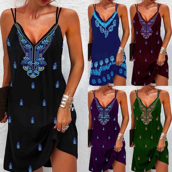 summer dress womens clothes bohemian retro spaghetti straps v neck, Black;gray 
summer dress womens clothes bohemian retro spaghetti straps v neck, Black;gray