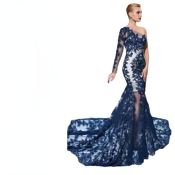 elegant dark navy lace mermaid formal dresses evening wear one shoulder appliques long sleeve evening gowns sweep train tulle prom dress, Black;red
elegant dark navy lace mermaid formal dresses evening wear one shoulder appliques long sleeve evening gowns sweep train tulle prom dress, Black;red