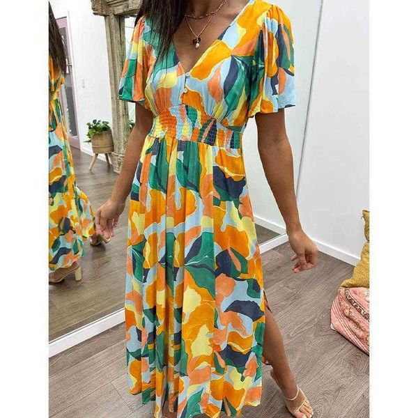 summer ins split long dress v neck printed waist controlled short sleeve for women, Black;gray
summer ins split long dress v neck printed waist controlled short sleeve for women, Black;gray